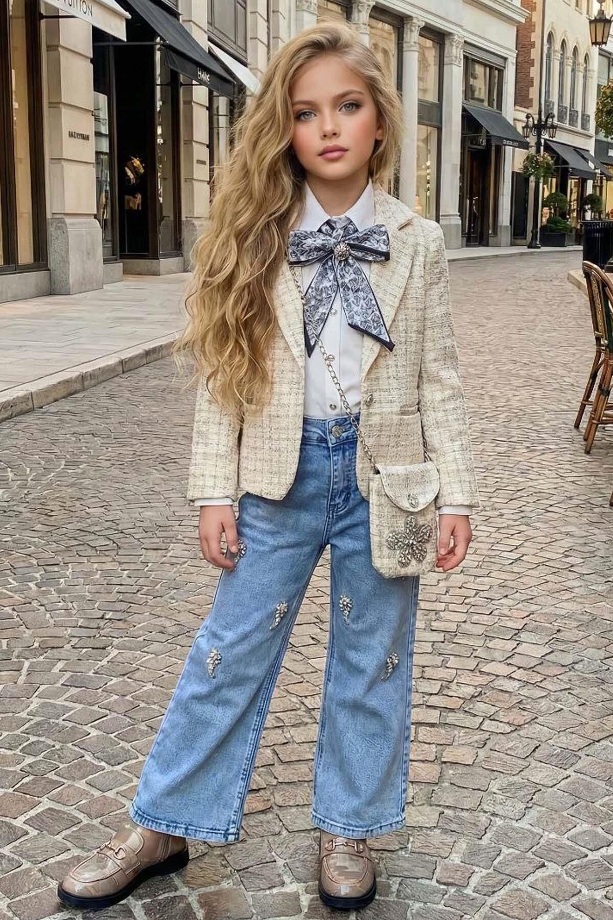 Kız Çocuk Fularlı Şifon Gömlek, Şanel Ekru Ceket ve Taş Detaylı Bol Kesim Pantolon Alt Üst Takım