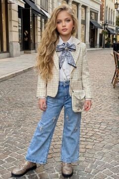 Kız Çocuk Fularlı Şifon Gömlek, Şanel Ekru Ceket ve Taş Detaylı Bol Kesim Pantolon Alt Üst Takım