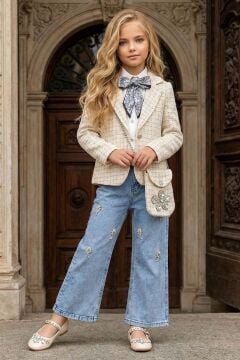 Kız Çocuk Fularlı Şifon Gömlek, Şanel Ekru Ceket ve Taş Detaylı Bol Kesim Pantolon Alt Üst Takım