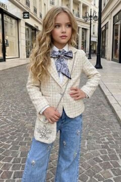 Kız Çocuk Fularlı Şifon Gömlek, Şanel Ekru Ceket ve Taş Detaylı Bol Kesim Pantolon Alt Üst Takım