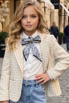 Kız Çocuk Fularlı Şifon Gömlek, Şanel Ekru Ceket ve Taş Detaylı Bol Kesim Pantolon Alt Üst Takım