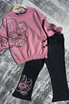 Kız Çocuk İspanyol Paça Beli Lastikli Çiçek Figürlü Yazı Baskılı Mor Eşofman Takım