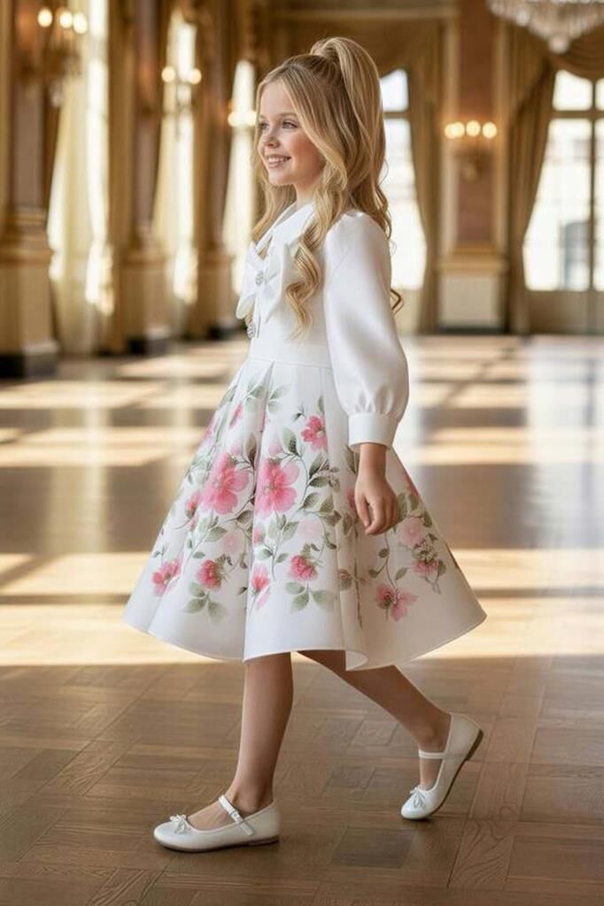 Kız Çocuk Göğsünde Kurdela Detayı Taş İşlmeli Şifon Gömlekli, Pembe Gül Baskılı Şifon Elbise