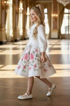 Kız Çocuk Göğsünde Kurdela Detayı Taş İşlmeli Şifon Gömlekli, Pembe Gül Baskılı Şifon Elbise