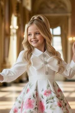 Kız Çocuk Göğsünde Kurdela Detayı Taş İşlmeli Şifon Gömlekli, Pembe Gül Baskılı Şifon Elbise