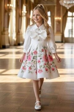 Kız Çocuk Göğsünde Kurdela Detayı Taş İşlmeli Şifon Gömlekli, Pembe Gül Baskılı Şifon Elbise