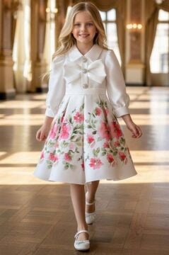Kız Çocuk Göğsünde Kurdela Detayı Taş İşlmeli Şifon Gömlekli, Pembe Gül Baskılı Şifon Elbise