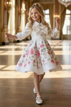 Kız Çocuk Göğsünde Kurdela Detayı Taş İşlmeli Şifon Gömlekli, Pembe Gül Baskılı Şifon Elbise