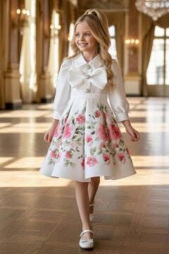 Kız Çocuk Göğsünde Kurdela Detayı Taş İşlmeli Şifon Gömlekli, Pembe Gül Baskılı Şifon Elbise