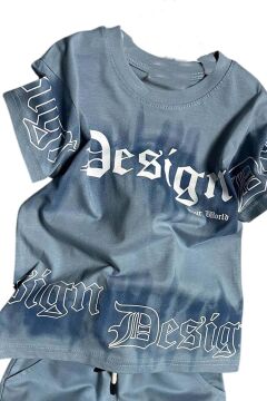 Erkek Çocuk Bisiklet Yaka Gradyan Renk Geçişli Design Mavi Şortlu Takım