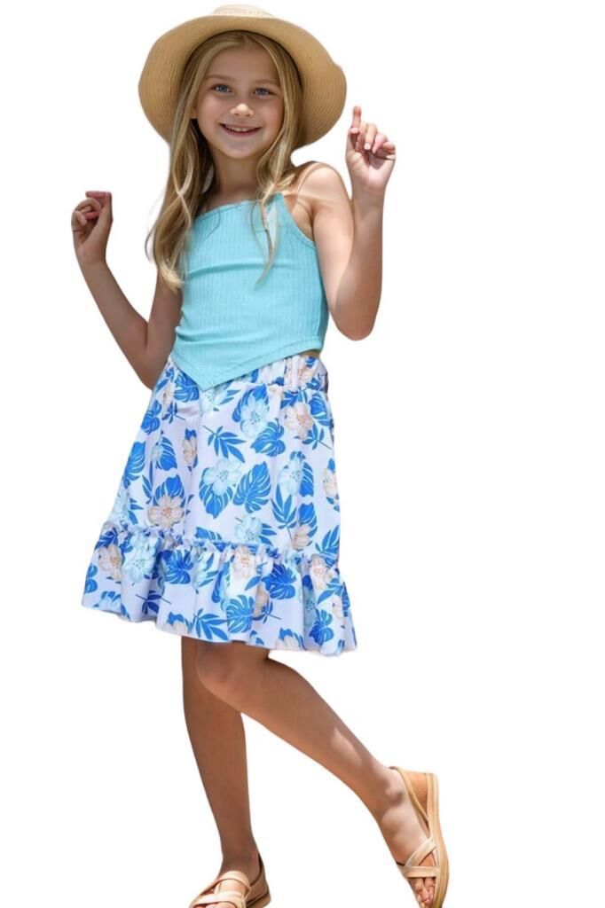 Kız Çocuk Kaşkorse Crop ve Dijital Baskılı Mavi Etekli Takım