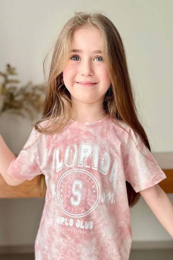 Kız Çocuk Florida Yazı Baskılı Penye T-Shirt Pudra Şortlu Takım
