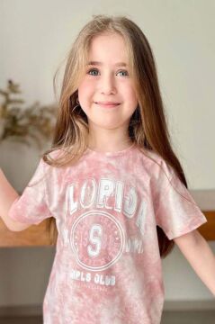 Kız Çocuk Florida Yazı Baskılı Penye T-Shirt Pudra Şortlu Takım