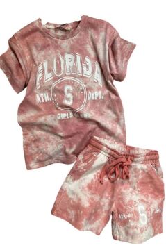 Kız Çocuk Florida Yazı Baskılı Penye T-Shirt Pudra Şortlu Takım