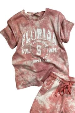 Kız Çocuk Florida Yazı Baskılı Penye T-Shirt Pudra Şortlu Takım