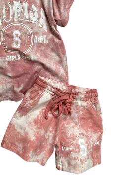 Kız Çocuk Florida Yazı Baskılı Penye T-Shirt Pudra Şortlu Takım