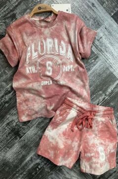 Kız Çocuk Florida Yazı Baskılı Penye T-Shirt Pudra Şortlu Takım