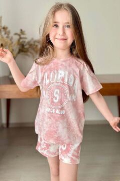 Kız Çocuk Florida Yazı Baskılı Penye T-Shirt Pudra Şortlu Takım