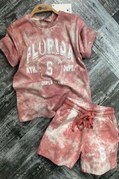Kız Çocuk Florida Yazı Baskılı Penye T-Shirt Pudra Şortlu Takım