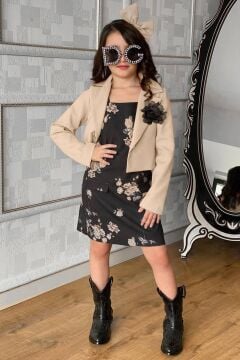 Kız Çocuk Broşlu Blazer Ceketli Çiçek Baskılı Bej Jile