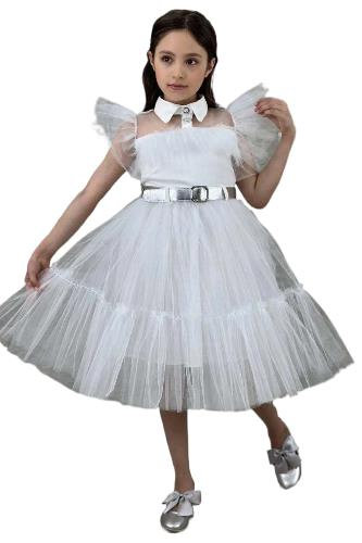 Kız Çocuk Gömlek Yaka Göğsü Ve Kolları Tül Detaylı Wednesday Beyaz Elbise