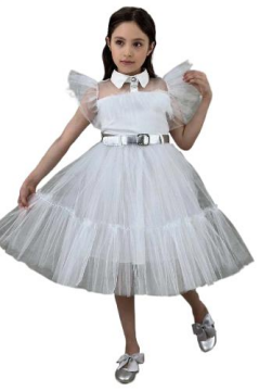 Kız Çocuk Gömlek Yaka Göğsü Ve Kolları Tül Detaylı Wednesday Beyaz Elbise