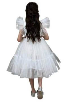 Kız Çocuk Gömlek Yaka Göğsü Ve Kolları Tül Detaylı Wednesday Beyaz Elbise