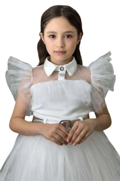 Kız Çocuk Gömlek Yaka Göğsü Ve Kolları Tül Detaylı Wednesday Beyaz Elbise