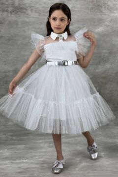 Kız Çocuk Gömlek Yaka Göğsü Ve Kolları Tül Detaylı Wednesday Beyaz Elbise