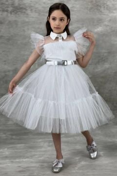 Kız Çocuk Gömlek Yaka Göğsü Ve Kolları Tül Detaylı Wednesday Beyaz Elbise