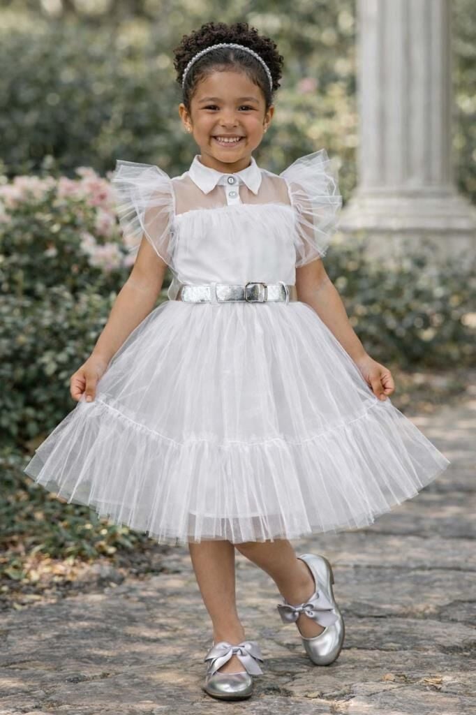 Kız Çocuk Gömlek Yaka Göğsü Ve Kolları Tül Detaylı Wednesday Beyaz Elbise