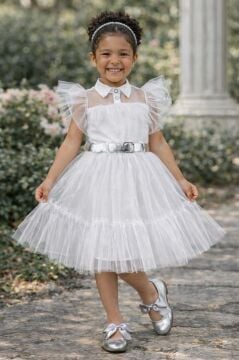 Kız Çocuk Gömlek Yaka Göğsü Ve Kolları Tül Detaylı Wednesday Beyaz Elbise