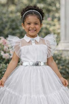 Kız Çocuk Gömlek Yaka Göğsü Ve Kolları Tül Detaylı Wednesday Beyaz Elbise