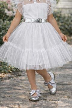 Kız Çocuk Gömlek Yaka Göğsü Ve Kolları Tül Detaylı Wednesday Beyaz Elbise