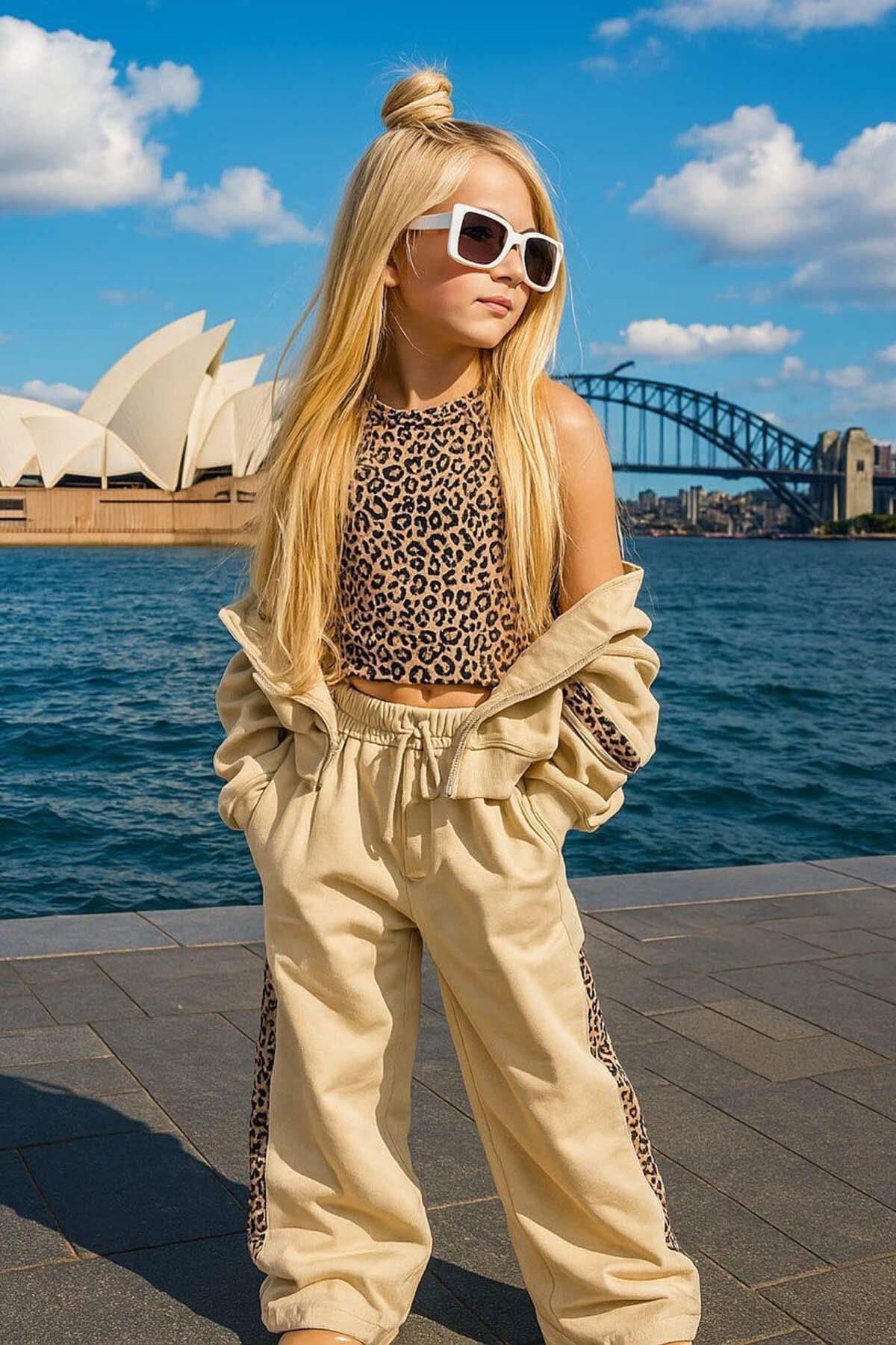 Kız Çocuk Leopar Baskılı Kolsuz Badi Leopar Şerit Detaylı Ceket Krem Eşofman Takım