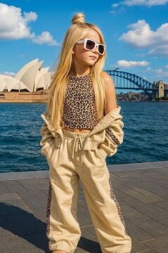 Kız Çocuk Leopar Baskılı Kolsuz Badi Leopar Şerit Detaylı Ceket Krem Eşofman Takım