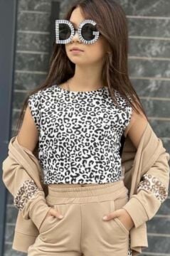 Kız Çocuk Leopar Baskılı Kolsuz Badi Leopar Şerit Detaylı Ceket Krem Eşofman Takım