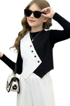 Kız Çocuk Çift Renk Badili Yelek Palazzo Pantolon Beyaz Alt Üst Takım