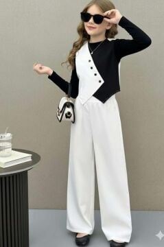 Kız Çocuk Çift Renk Badili Yelek Palazzo Pantolon Beyaz Alt Üst Takım