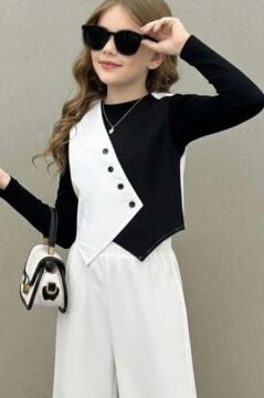 Kız Çocuk Çift Renk Badili Yelek Palazzo Pantolon Beyaz Alt Üst Takım