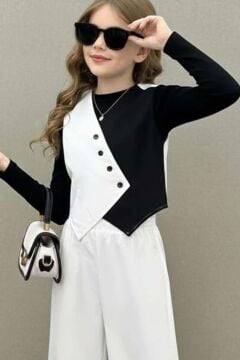 Kız Çocuk Çift Renk Badili Yelek Palazzo Pantolon Beyaz Alt Üst Takım