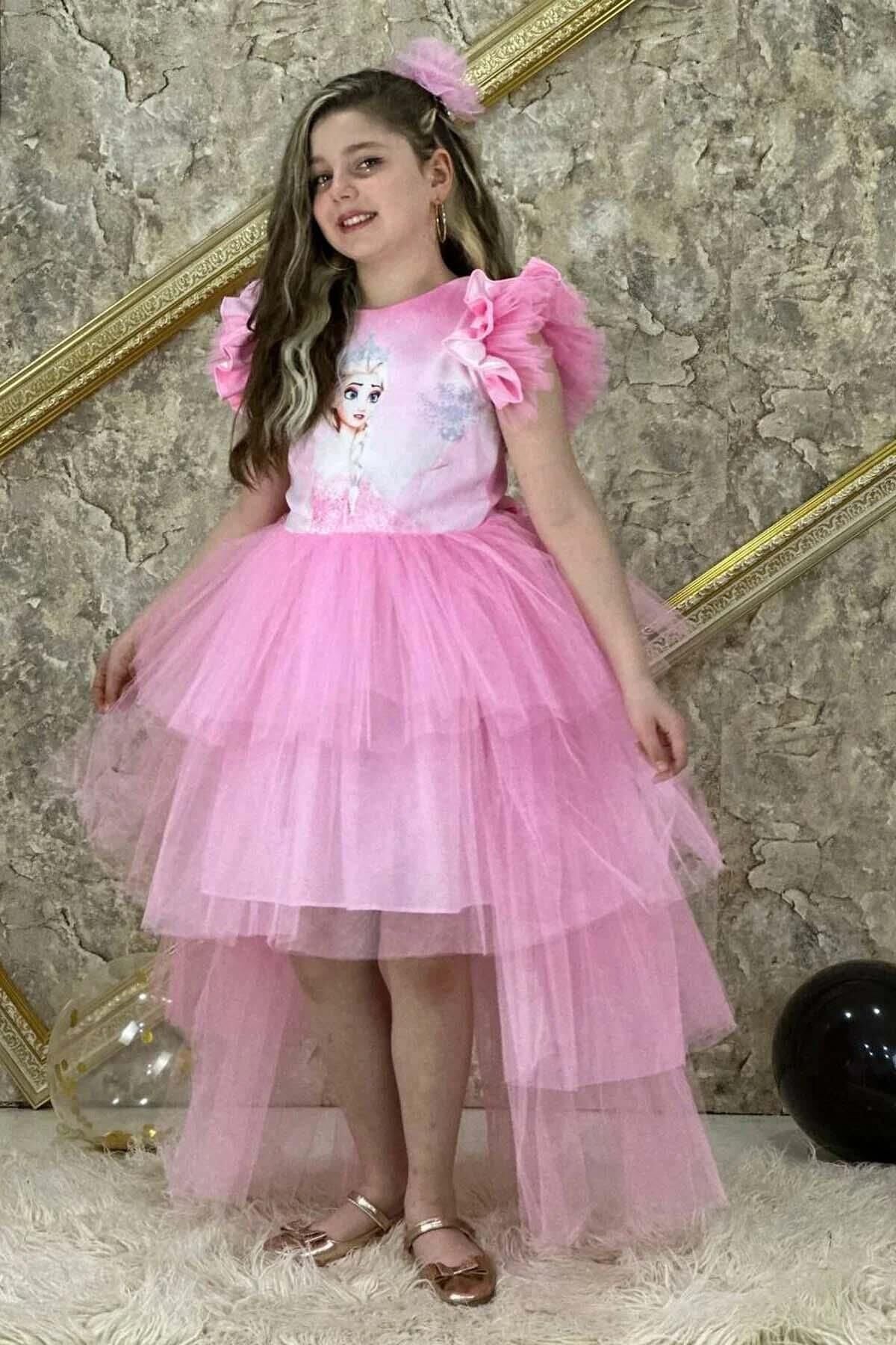 Kız Çocuk Üzeri Karlar Kraliçesi Digital Baskı Kat Kat Tüllü Pembe Elbise
