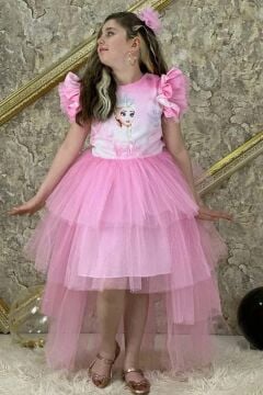 Kız Çocuk Üzeri Karlar Kraliçesi Digital Baskı Kat Kat Tüllü Pembe Elbise