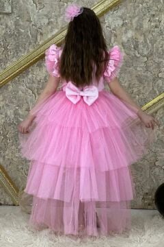 Kız Çocuk Üzeri Karlar Kraliçesi Digital Baskı Kat Kat Tüllü Pembe Elbise