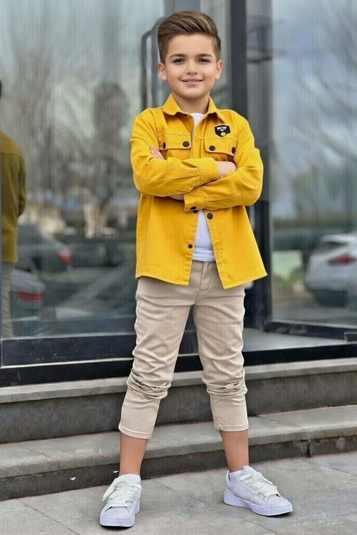 Erkek Çocuk Sırt Baskılı ÇıtÇıt Düğmeli Sarı Gömlek Dar Kesim Pantolon Alt Üst Takım