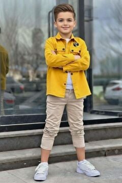 Erkek Çocuk Sırt Baskılı ÇıtÇıt Düğmeli Sarı Gömlek Dar Kesim Pantolon Alt Üst Takım