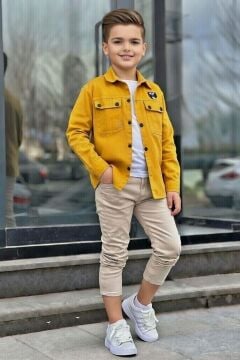 Erkek Çocuk Sırt Baskılı ÇıtÇıt Düğmeli Sarı Gömlek Dar Kesim Pantolon Alt Üst Takım