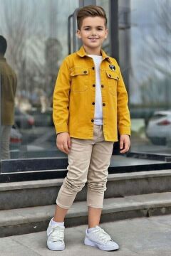 Erkek Çocuk Sırt Baskılı ÇıtÇıt Düğmeli Sarı Gömlek Dar Kesim Pantolon Alt Üst Takım
