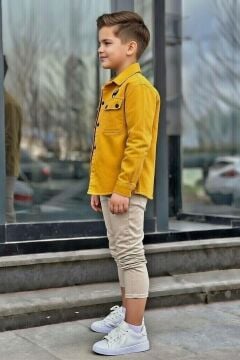 Erkek Çocuk Sırt Baskılı ÇıtÇıt Düğmeli Sarı Gömlek Dar Kesim Pantolon Alt Üst Takım