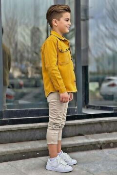 Erkek Çocuk Sırt Baskılı ÇıtÇıt Düğmeli Sarı Gömlek Dar Kesim Pantolon Alt Üst Takım